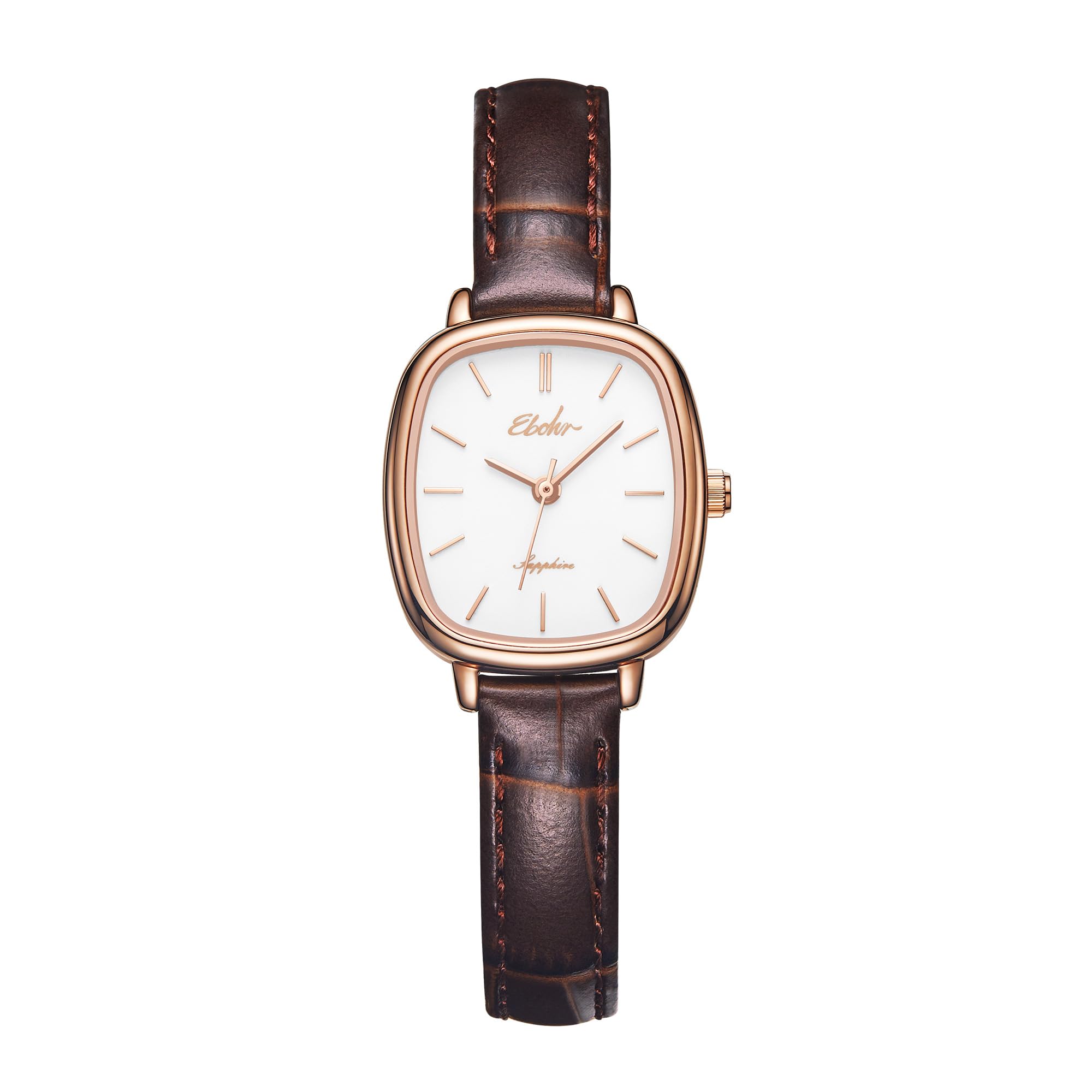EBOHR Retro Square Womens Wrist Watch with Warm Brown Genuine Leather Strap Classic Roman Numerals - Fashionable Elegant